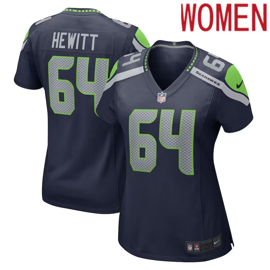 Women Seattle Seahawks #64 Jarrod Hewitt Nike College Navy Home Game Player NFL Jersey->women nfl jersey->Women Jersey